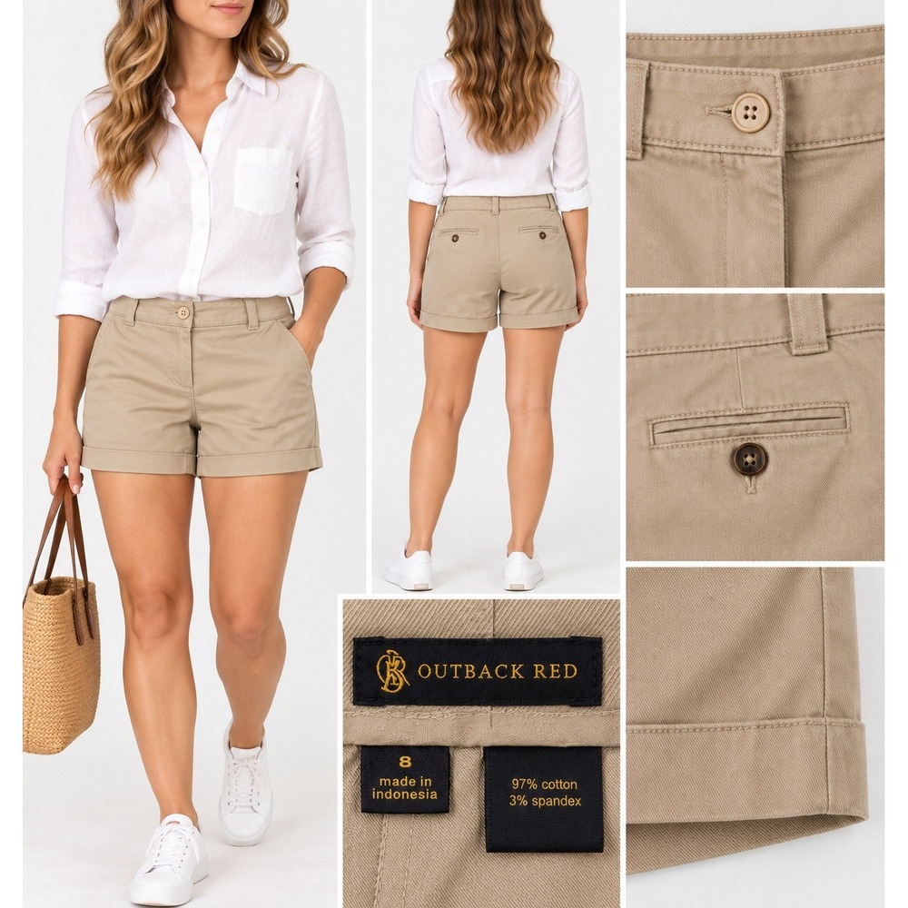 Cuffed Chino Shorts Cotton Stretch Casual Size 8 Outback Red‎ Womens Khaki
